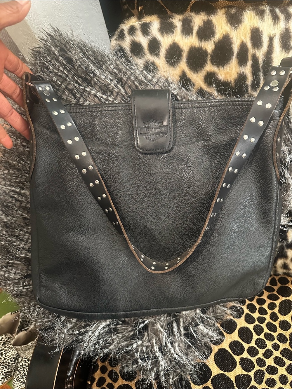 Vintage Harley Davidson Black Leather Studded Shoulder Bag - Classic Tote